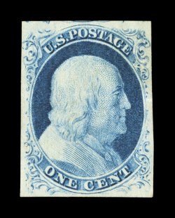 9, 1c Blue, Ty. IV, four large margins including a portion of the adjoining stamp at top, strong color and impression on fresh paper, full o.g., tiny trace of a wrinkle in the
right margin, otherwise extremely fine clear 1984 PF certificate.