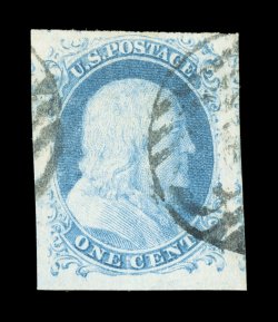 9, 1c Blue, Ty. IV, impressive used single, with three huge margins, fourth at top also quite large, fresh pastel color, light strikes of Boston Paid cancels, extremely fine 2007
PSE certificate (XF 90 Jumbo SMQ $310.00 for 90 and $860.00 for