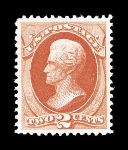 183, 2c Vermilion, an especially desirable mint single, featuring extraordinary centering amid uncommonly large margins, brilliant color and an excellent clarity of impression,
pristine o.g., n.h., extremely fine actually a very scarce stamp in