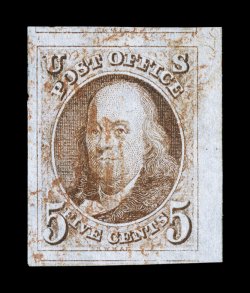 1, 5c Red brown, a spectacular used single, boasting enormous margins all around including a sheet margin at right and portions of the adjoining stamps at top and bottom, lovely
fresh color and a fine detailed impression on crisp paper, red grid