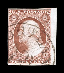 10A, 3c Orange brown, Ty. II, used right sheet-margin single, other three margins full to large, warm rich color, light town c.d.s., extremely fine 2007 PF
certificate.