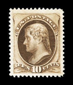 188, 10c Brown, with secret mark, a spectacular mint example of this elusive and challenging Bank Note, possessing huge margins all around and being incredibly well centered
within them, strong rich color and a well defined impression, full o.g.