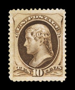 188, 10c Brown, with secret mark, an impressively large-margined mint example of this scarce Bank Note, exceedingly well centered within remarkably large margins all around,
strong rich color, full o.g., extremely fine almost never encountered