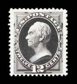 198, 12c Blackish purple special printing, without gum as issued, well centered within extra-large margins, deep intense color and a razor-sharp impression on fresh paper,
intact perforations all around, a very fine and choice example of this ra