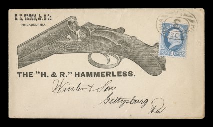 206, 1c Gray blue, tied by Philadelphia oval pmk. to illustrated gun cover displaying the H. & R. Hammerless rifle, with corner card of E.K. Tyron, Jr. & Co., very fine and most
attractive 1995 PF certificate.