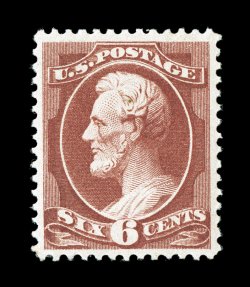 208a, 6c Brown red, gem mint example that possesses a marvelous overall freshness and crispness few others enjoy, with stunning deep color and a superbly detailed impression,
plus it is especially well centered within large margins, uniformly lo