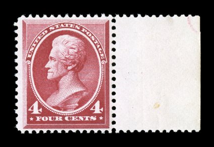 215, 4c Carmine, right sheet-margin single, nicely centered, rich color, o.g., n.h., very fine photocopy of a 2007 PSE certificate for a block of four, this being the bottom
right stamp.