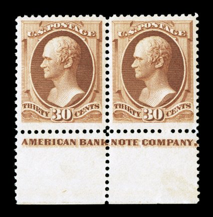 217, 30c Orange brown, bottom margin imprint pair, unusually well centered and margined, gorgeous rich color and a deeply etched impression, o.g., lightly hinged, extremely fine
an especially handsome position piece 1987 PF certificate.