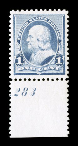 219, 1c Dull blue, a highly select bottom margin plate no. 283 single, wonderfully well centered amid impressively large margins, exceedingly bright and fresh, pristine o.g.,
n.h., extremely fine 1986 and 1994 PF certificates, as well as a 2007