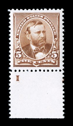 223, 5c Chocolate, a truly spectacular bottom sheet-margin single, being in a quality that few others can match, possessing flawless centering within enormously large margins
all around, rich luxuriant color and a well incised impression on espe