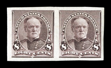 225a, 8c Lilac, imperforate, horizontal pair, large to huge margins all around, strong fresh color, o.g., very lightly hinged, an extremely fine and uncommonly choice example of
one of the key imperforates from the series 1988 PF certificate