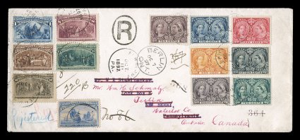 230, 233-34, 236-38, 1c-15c Columbians, tied by New Berry, Pa., Oct. 11, 1897 c.d.s. pmks. on registered cover that originated in Canada, with seven different Canada 1897
Jubilees (51-54 56-58) affixed at right and tied by Berlin, Oct. 7, 1