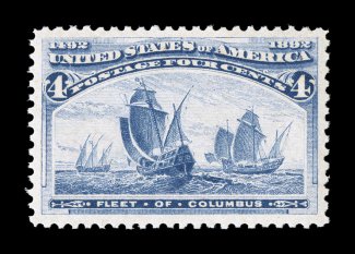 233, 4c Columbian, a most impressive mint single, wonderfully well centered amid exceptionally large margins, sumptuously rich color and a highly detailed impression, o.g.,
n.h., extremely fine an uncommonly choice Four Cent Columbian 2000 PF