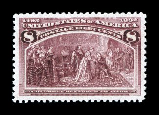 236, 8c Columbian, a stunning mint single of this value, which is notorious for being found very tightly margined, this copy features lavishly large margins all around and is
extraordinarily well centered within them, strong rich color and an ex