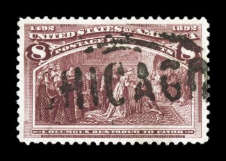 236, 8c Columbian, exceedingly well centered within very large margins, lovely rich color and a detailed impression, large Chicago oval pmk., extremely fine actually a difficult
stamp to find in this premium used quality 2007 PSE certificate (