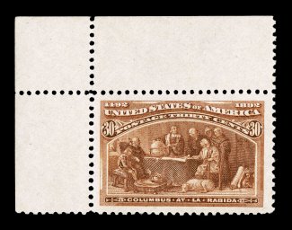 239, 30c Columbian, a truly amazing top left corner sheet-margin mint single that features the largest margins we have ever encountered on a Thirty Cent Columbian, and it is
extraordinarily well centered within these unbelievable borders, pl