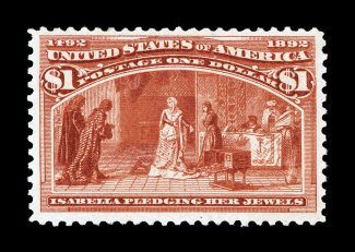 241, $1.00 Columbian, brilliant intense color and a marvelous impression on pristine white paper, well centered and margined, o.g., barest trace of hinging, very fine and
exceedingly choice 1979 PF certificate for a block of four, this being th