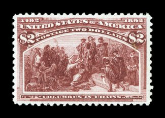 242, $2.00 Columbian, wonderfully well centered within large margins, sumptuously rich color and a highly detailed impression, o.g., lightly hinged, extremely fine 1999 PF
certificate.