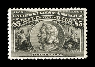 245, $5.00 Columbian, strong color and impression, well centered within large margins, o.g., lightly hinged, very fine and choice 1984 PF certificate.