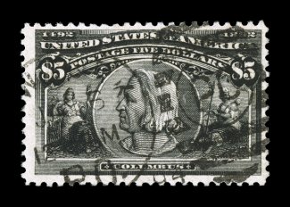 245, $5.00 Columbian, nicely centered within exceptionally large margins, especially deep color and impression, duplex cancel, very fine 1993 PF certificate.