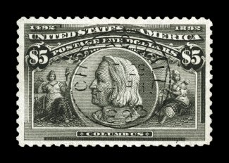 245, $5.00 Columbian, choice centering within exceedingly large margins, strong rich color, light and centrally struck Chicago 1893 c.d.s. that the PSE called genuine in 1991
but reversed itself in 2007, now calling the cancel a fake, extremely