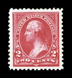 249, 2c Carmine lake, Ty. I, a striking mint single, marvelously well centered within incredibly wide margins which are almost never encountered on this stamp, gorgeous bright
color and a vivid impression, o.g., n.h., an extremely fine large-mar