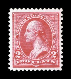 251, 2c Carmine, Ty. II, uncommonly well centered amid particularly large margins, bright fresh color, o.g., lightly hinged, extremely fine overall 1989 PF
certificate.