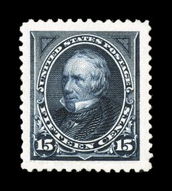 259, 15c Dark blue, a striking jumbo-margined mint single, possessing four gigantic margins and being impeccably well centered within these remarkable borders, plus its color is
sumptuously rich and its impression razor sharp on clean white pape