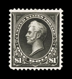 261A, $1.00 Black, Ty. II, deep color and a razor-sharp impression on bright paper, uncommonly well centered and margined, o.g., lightly hinged, a very fine example of this
scarce stamp 1983 PF certificate.