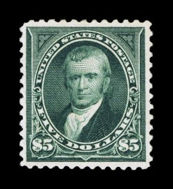 263, $5.00 Dark green, an incredibly choice mint example of this high value, one of the rarest regularly issued stamps of the United States, with only 25,000 copies having been
issued, and only a tiny fraction of these still exist in the premium