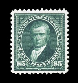 263, $5.00 Dark green, an impressive mint example of this rare high value, possessing beautiful color that is especially deep and luxuriant, prooflike impression on crisp white
paper, unusually well centered and margined, o.g., lightly hinged, c