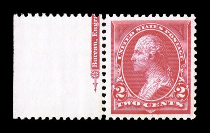 265, 2c Carmine, Ty. I, left margin partial imprint single, exceptionally well centered within unusually wide margins, bright fresh color, o.g., n.h., extremely fine and choice
2007 PSE certificate (XF 90 Jumbo SMQ $340.00 for 90 and $1,150.00