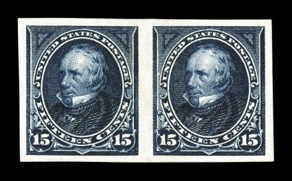 274a, 15c Dark blue, imperforate, handsome horizontal pair, with strikingly deep prooflike color and impression on pristine white paper, large margins all around, o.g., lightly
hinged, extremely fine only 50 pairs can exist 1987 PF certificate