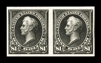 276b, $1.00 Black, Ty. I, imperforate, horizontal pair, four large margins, deep color on fresh paper, o.g., lightly hinged, extremely fine no more than 50 pairs can exist 1986
PF certificate for a block of four, this being the top pair.