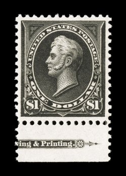 276A, $1.00 Black, Ty. II, an exceedingly handsome bottom margin partial imprint single, being incredibly well centered amid larger margins than usually associated with this
difficult stamp, deep jet black color and a razor-sharp impression on
