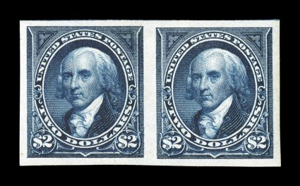 277b, $2.00 Bright blue, imperforate, horizontal pair, large balanced margins all around, deep luxuriant color and an incredibly intense impression on bright white paper, o.g.,
very lightly hinged, extremely fine a most impressive example of th