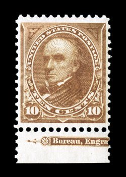 283, 10c Orange brown, Ty. II, bottom margin partial imprint single, excellent centering within tall margins, sumptuously rich color and a well defined impression, pristine
o.g., n.h., extremely fine 1990 PF certificate for the strip of three