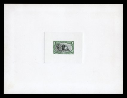 285-E8, 1c Dark yellow green and black die essay on India, die sunk on full size 194x147mm card, exceedingly fresh, with eye-arresting color on bright white paper and card,
extremely fine.
