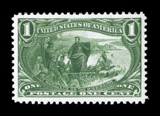 285, 1c Trans-Mississippi, an eye-catching mint single, possessing incredibly large margins all around and being wonderfully well centered within them, rich luxuriant color and
a razor-sharp impression on bright white paper, o.g., n.h., an extre