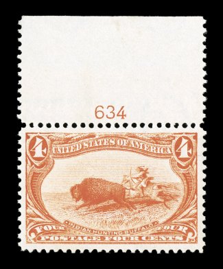 287, 4c Trans-Mississippi, a gorgeous top margin plate no. 634 single, in a quality that very few others can boast, possessing enormously large margins all around and being
incredibly well centered within them, brilliant vivid color on fresh whi