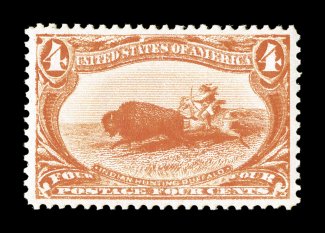 287, 4c Trans-Mississippi, a magnificent quality mint single that is extraordinarily well centered within exceptionally large margins, brilliant color, unblemished o.g., n.h.,
extremely fine and choice 2008 PSE certificate (XF-Superb 95 SMQ $4