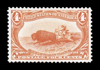 287, 4c Trans-Mississippi, exceedingly well centered within extra-large margins, wonderfully bright color, o.g., very lightly hinged, extremely fine 2007 PSE certificate
(XF-Superb 95 SMQ $560.00).