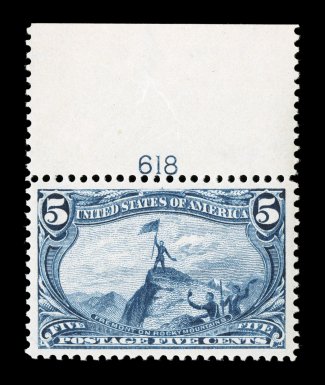 288, 5c Trans-Mississippi, an magnificent full top sheet-margin plate no. 618 single in a truly outstanding quality, boasting near perfect centering within enormously large
margins the likes of which are rarely seen on this value, gorgeous rich
