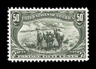 291, 50c Trans-Mississippi, unused, choice centering amid large margins, sumptuously rich color and a highly detailed impression, extremely fine 2007 PSE certificate (XF-Superb
95 SMQ does not price no gum).