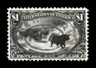 292, $1.00 Trans-Mississippi, used, especially deep color and strong impression on fresh paper, uncharacteristically well centered and margined, light and centrally struck New
York oval registry pmk., extremely fine an especially choice used ex