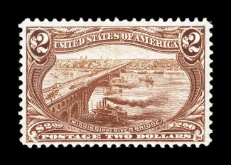 293, $2.00 Trans-Mississippi, a brilliant post office fresh mint example, possessing a marvelous overall crispness, well centered within uncharacteristically large margins,
brilliantly rich color and an especially crisp impression on fresh whi