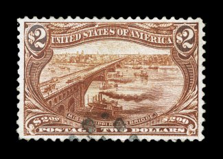 293, $2.00 Trans-Mississippi, used, choice centering, strong color, unusually light and unobtrusive cancel, small and neat repair at bottom right, extremely fine
appearance.