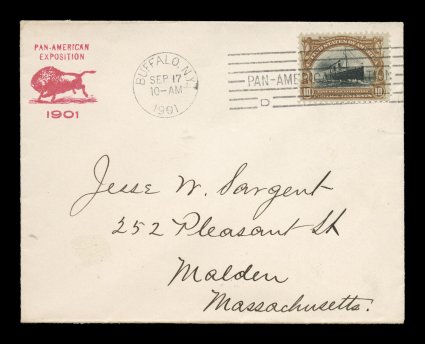299, 10c Pan-American, tied to choice cover by very scarce Buffalo, N.Y. Sep 17 1901Pan-American StationD exposition station machine cancel, cover with red illustrated buffalo
exposition corner card, sent to Malden, Mass. (backstamped),