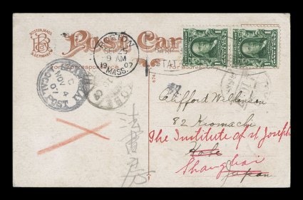 300, 1c Blue green, vertical pair tied to multicolor view card by Boston flag cancel, posted to Kobe, Japan with Tokyo transit and Kobe receiving cancel, forwarded to Shanghai
with ShanghaiLocal Post Nov. 4, 07 receiving c.d.s., fresh and ve