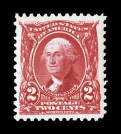 301, 2c Carmine, an exceedingly choice mint example, precisely centered amid extravagantly large margins, radiant rich color and a well defined impression, pristine o.g., n.h.,
an extremely fine gem 1990 PF certificate ex-Morris.